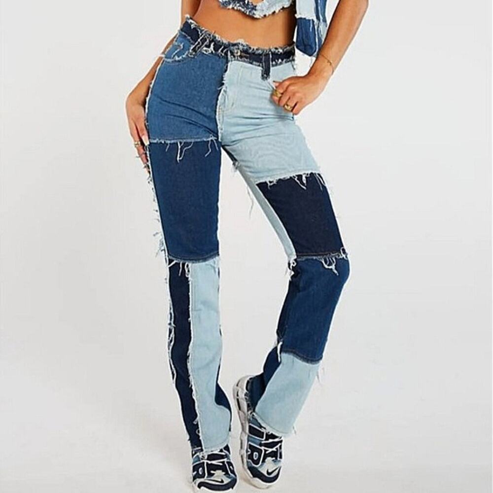 Jaded London W24‎ Jeans Womens Boyfriend Fit Patchwork Raw Hem Blue High Waist